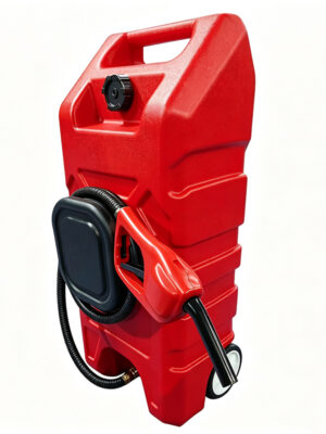 Tanque contenedor portátil de combustible de 15 galones con ruedas con bomba de sifón de transferencia de fluidos LLDPE y manguera de 10 pies de largo, rojo | Original Version, Portable Fuel Transfer Pump with 10-Foot Hose for Lawn Mower, Farm, Marine, Commercial, and Home Use